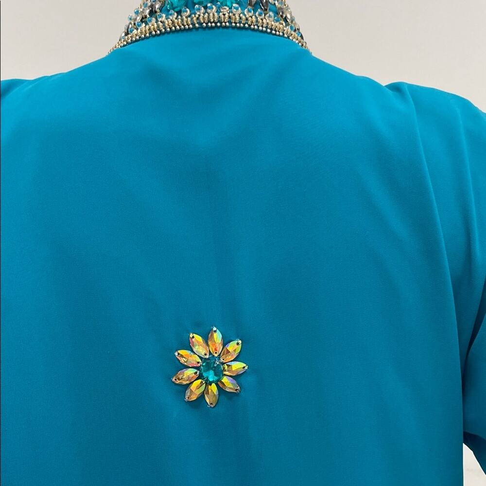 Moroccan Kaftan Maxi Dress Turquoise Hand Beaded Dubai Style Long Sleeve Formal - Picture 14 of 16